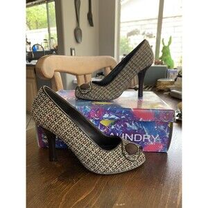 7M Chinese Laundry Cutie Open Toe Pump Tweed and Button Gray Women's Heels